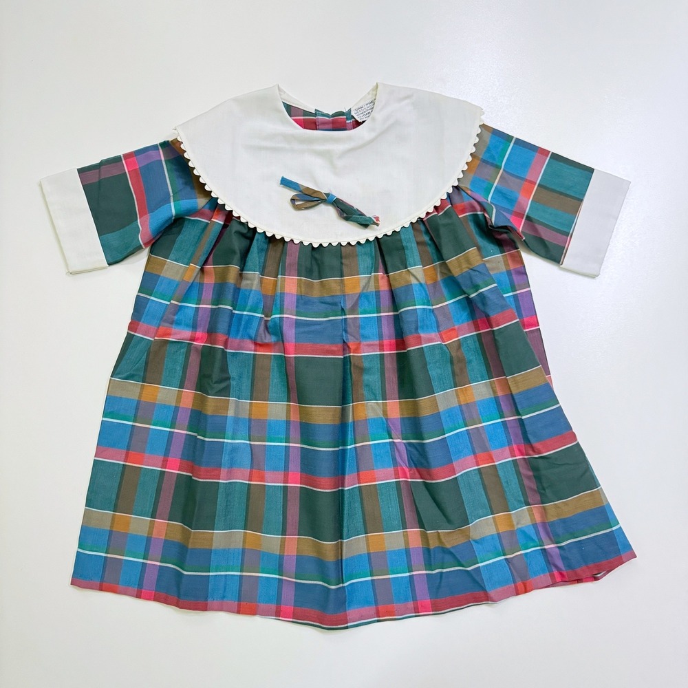 Vintage 60s Dan-Press Dan River Girls Dress Blue Plaid Bib Collar Bow 3-4 Years